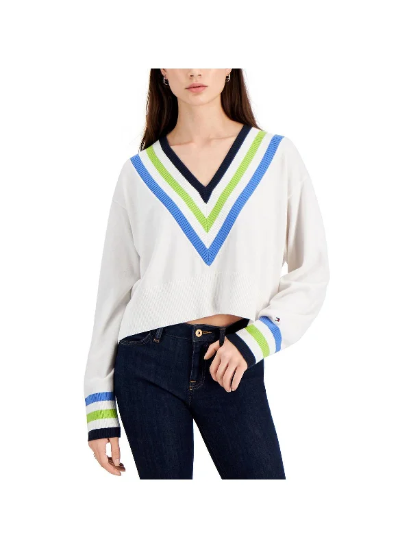 Womens V Neck Cropped Crop Sweater Chenille Brocade Lace