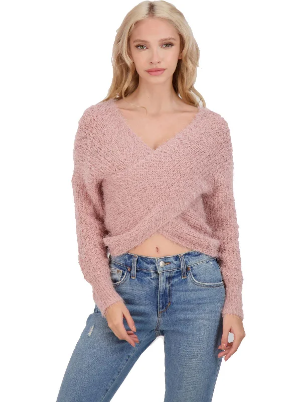 Womens Wrap Front V-Neck Pullover Sweater Chenille Blend Fleece Blend Nylon Blend