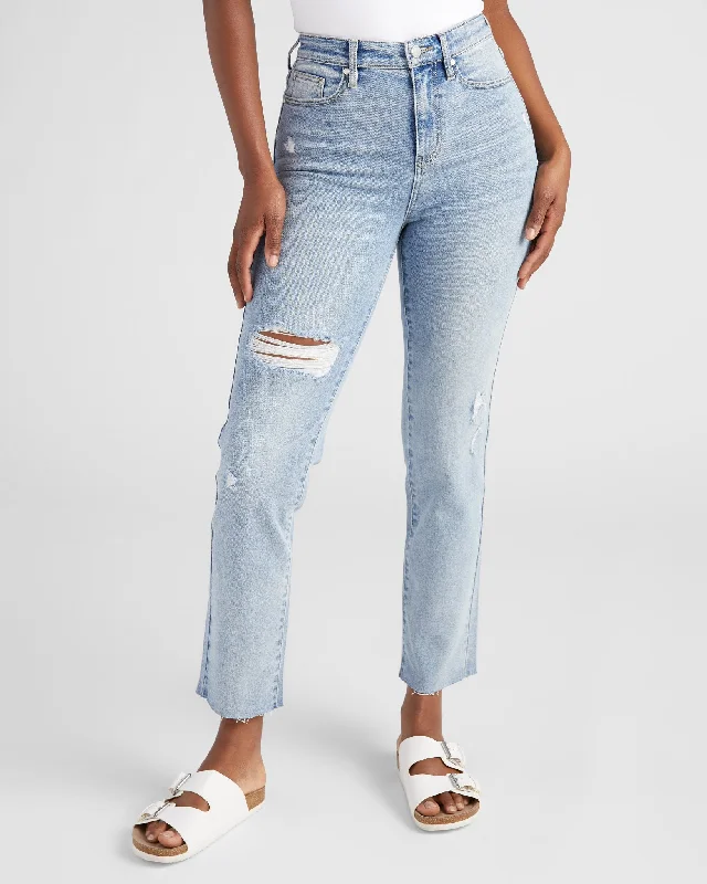 Olivia High Rise Distressed Straight Leg Jeans Chic Rip-Detail High-Waist Jeans