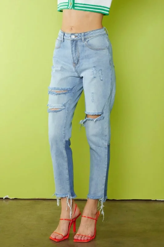 Andie High Rise Slim Straight Jean In Two-Tone Denim Fashionable Straight Cut Jeans