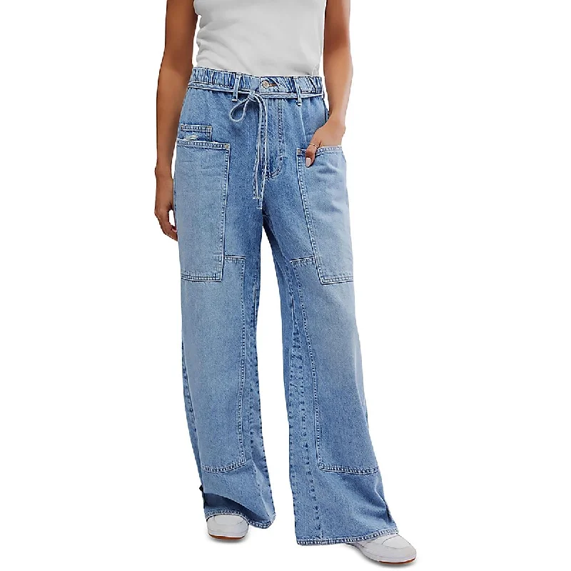 Womens Pockets Denim Wide Leg Jeans Casual Light Wash Jeans