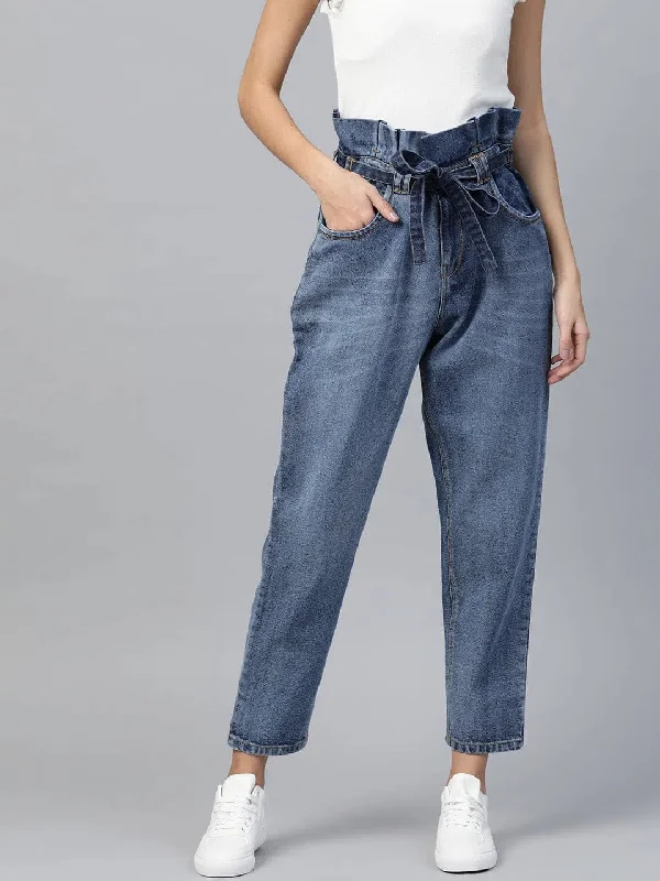 Blue Paper Bag Assorted Waist Jeans Trendy Classic Fit Jeans