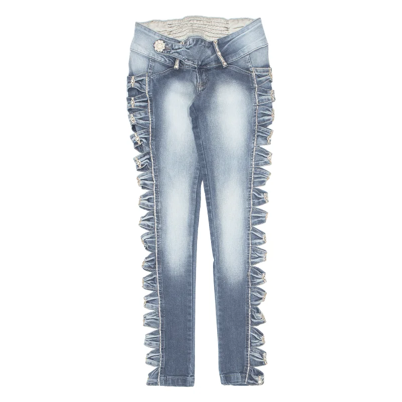 CARPAM Rhinestone Cut Out Womens Jeans Blue Slim Skinny Stone Wash W30 L31 Stylish Paperbag Waist Denim