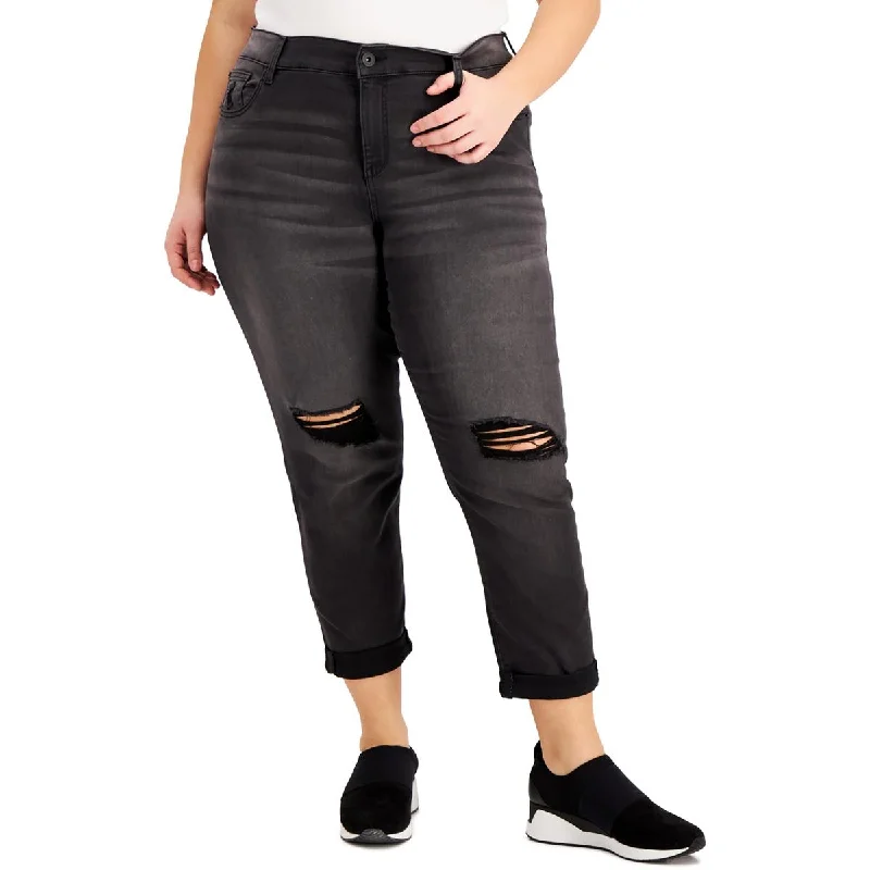 Celebrity Pink Womens Plus Mid Rise Destroyed Cropped Jeans Comfortable Straight-Legged Denim