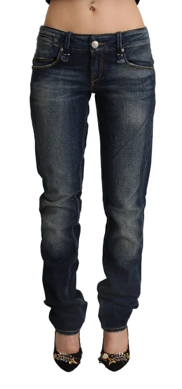 Chic Dark Blue Low Waist Skinny Jeans Comfortable Straight-Legged Denim