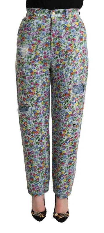 Floral High Waisted Tapered Denim Jeans Elegant Tapered Leg Denim