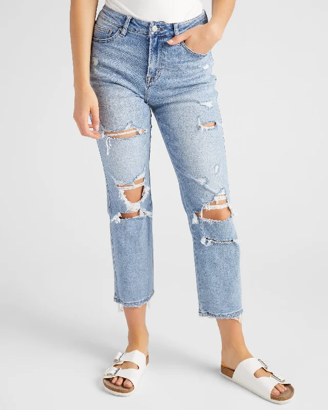 High Rise Straight Leg Jeans Elegant Raw Hem Jeans