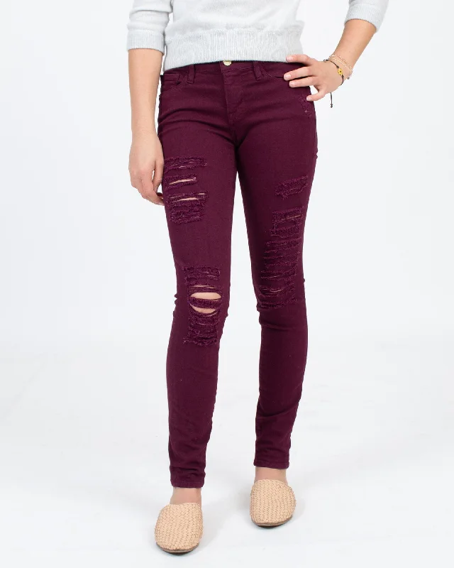 "Le Skinny de Jeanne" Jeans in Port Color Comfortable Distressed Straight-Leg Jeans