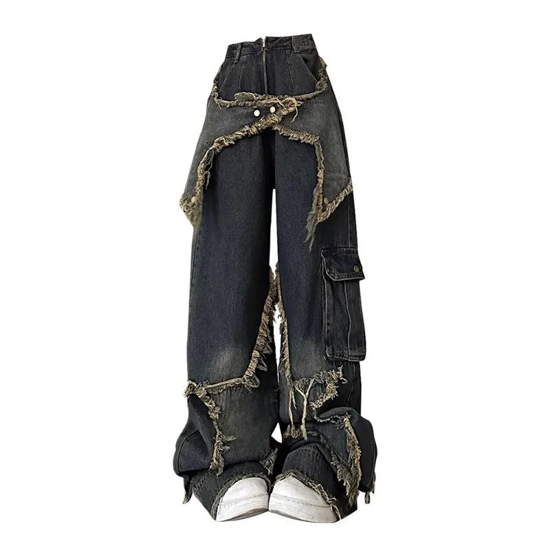 American Retro Washed Wide-Leg Star Patch Jeans Women High Street Y2K Casual Skinny Fit Jeans