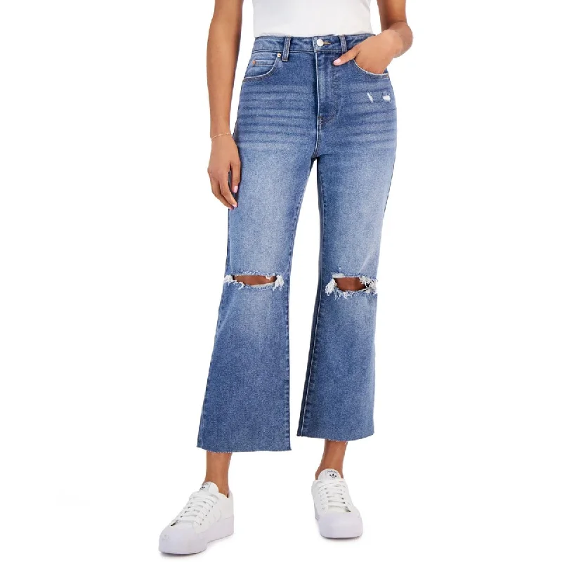 Tinseltown Womens Juniors High Rise Destroyed Flared Jeans Trendy Wide-Leg High-Waist Denim