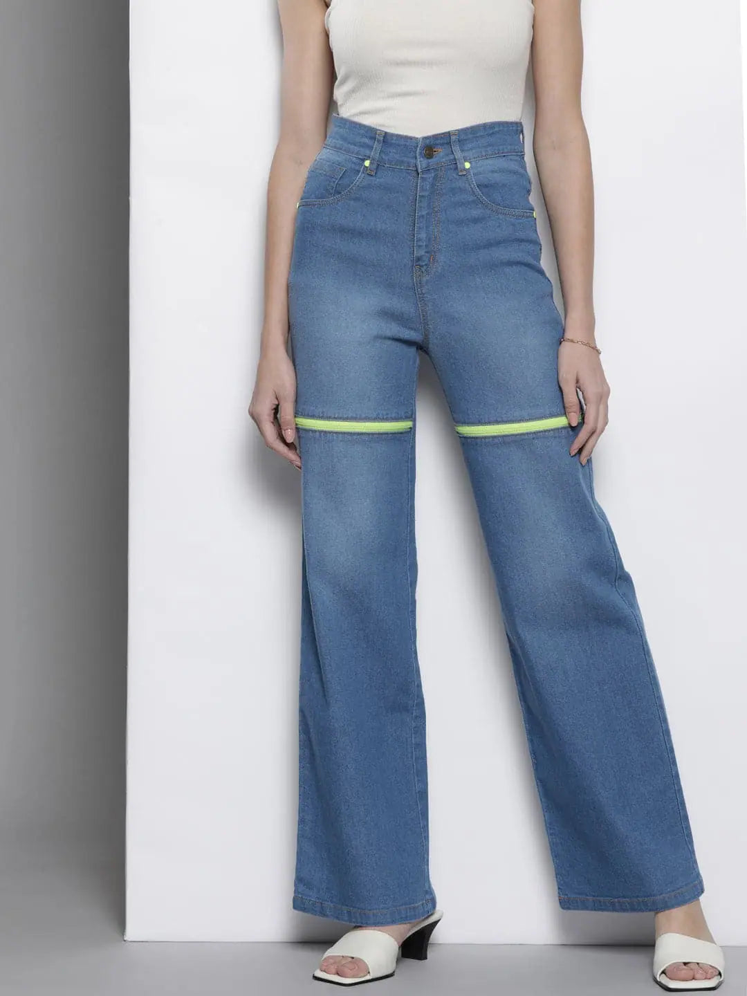 Women Blue Front Zipper Stretch Straight Jeans Fashionable Distressed Jeans