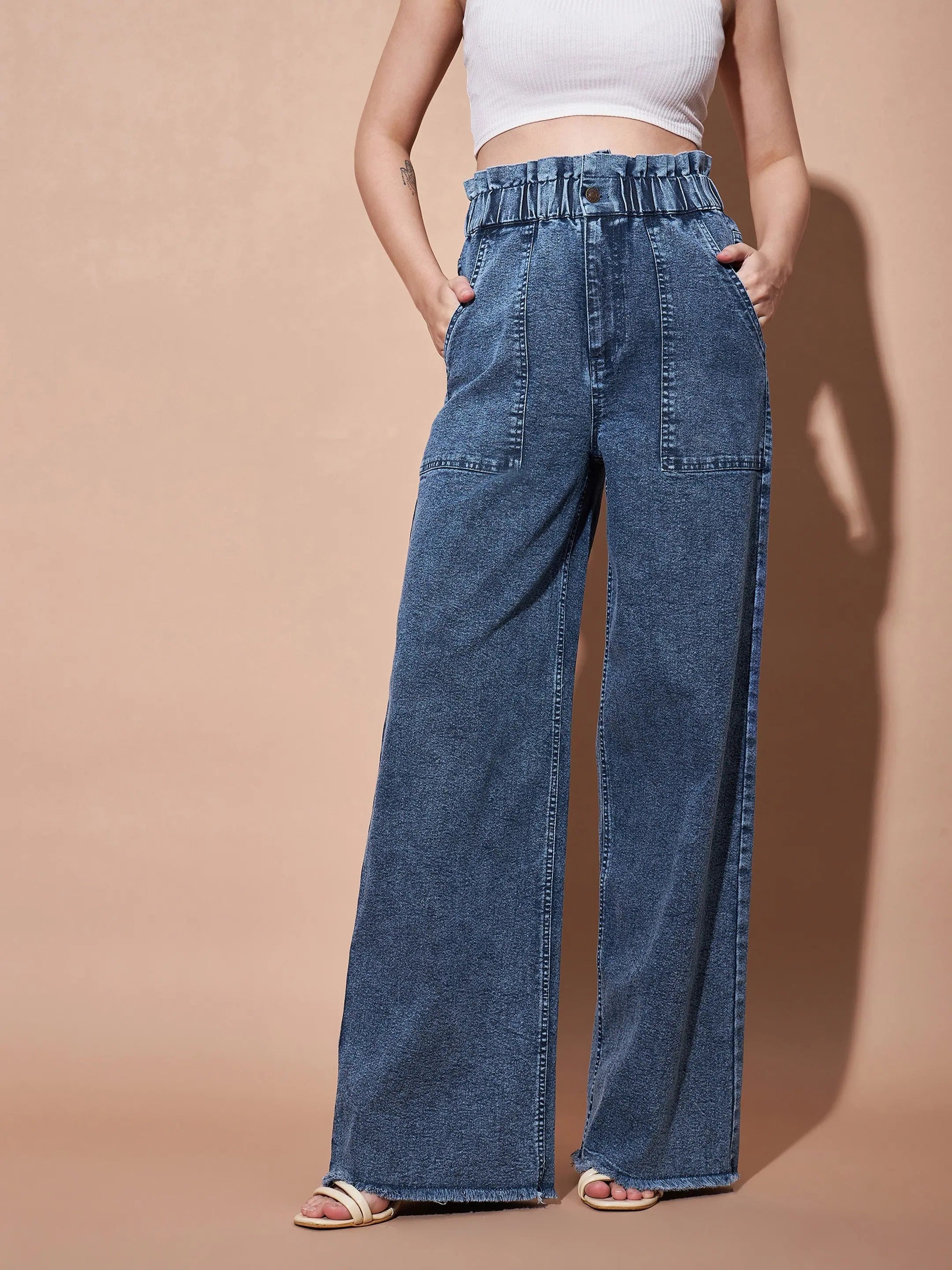 Women Blue Paper Bag Waist Straight Jeans Stylish Bootcut Denim Jeans