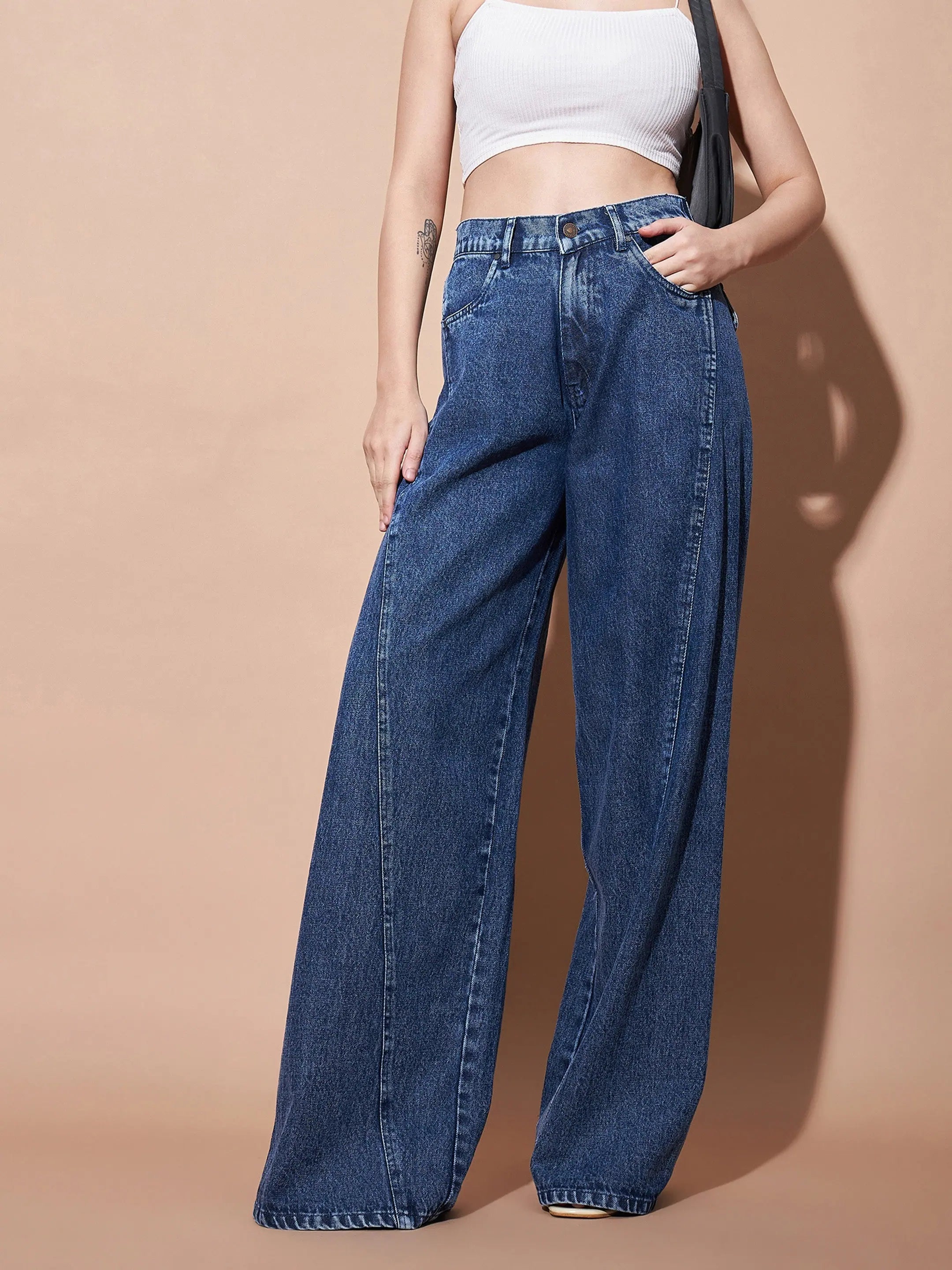 Women Blue Seam Detail Wide Leg Jeans Comfortable Zip-Fly Denim Jeans