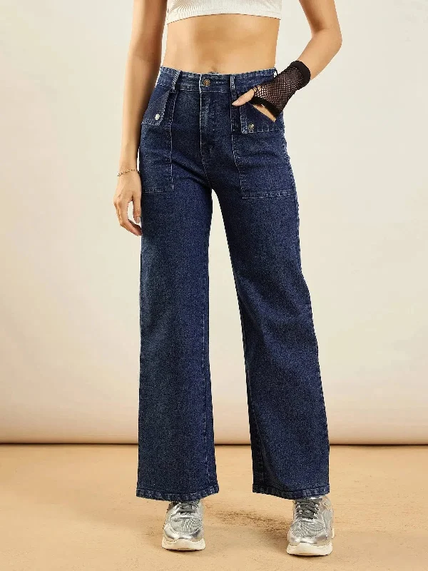 Women Blue Washed Front Pocket Straight Fit Jeans Casual High-Waisted Bootcut Jeans