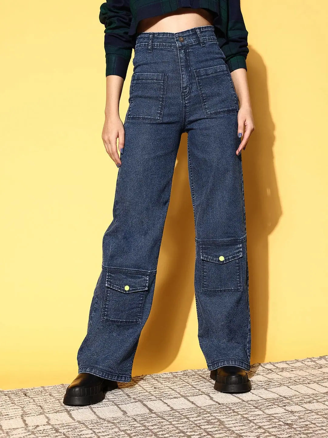 Women Blue Washed Multi Pocket Stretch Straight Jeans Stylish Cargo Style Jeans