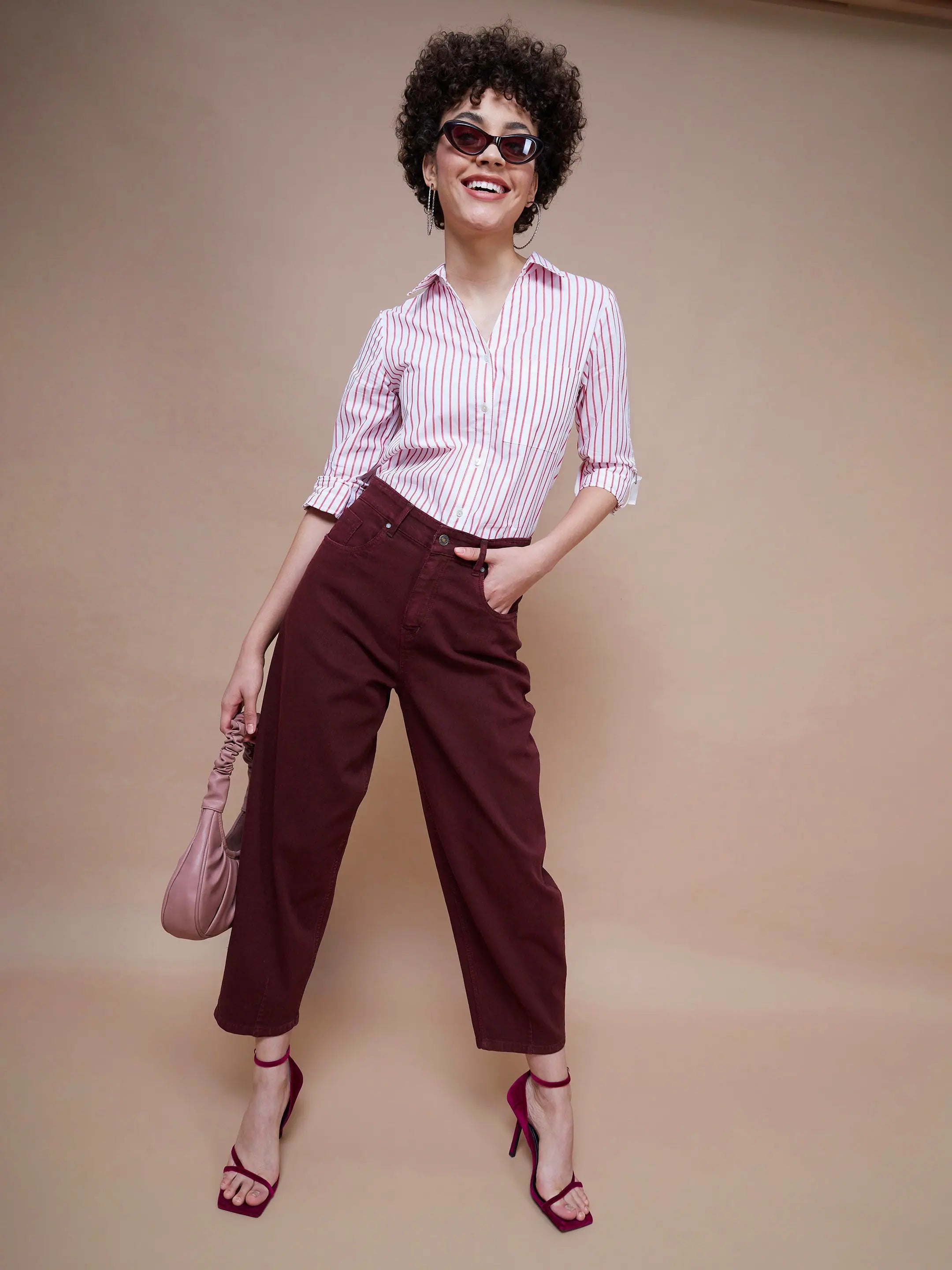 Women Burgundy Balloon Fit Jeans Casual Skinny Fit Jeans