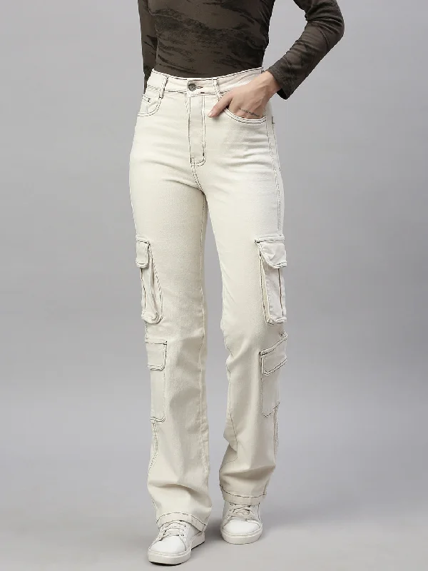 Women Cream Straight Fit Jeans-GZ-5806-Cream Comfortable Jogger Style Jeans