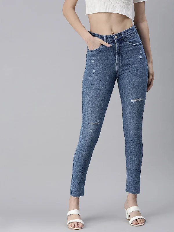 Women Solid Blue Skinny Fit Denim Jeans-GZ-5157-B-Blue Comfortable Folded Hem Jeans