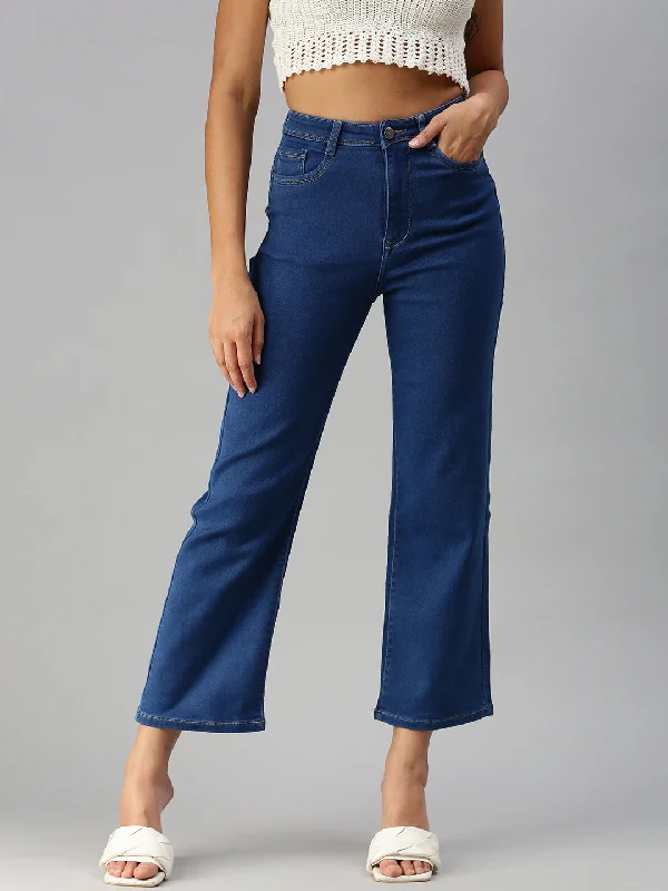 Women Solid Blue Wide Leg Jeans-TRP-7010B-Blue Comfortable Distressed Straight-Leg Jeans