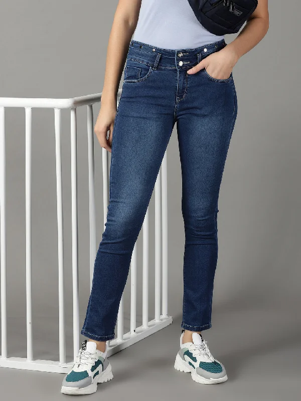 Women Solid Navy Blue Tapered Fit Denim Jeans-CR-7972-Navyblue Elegant Tapered Leg Denim