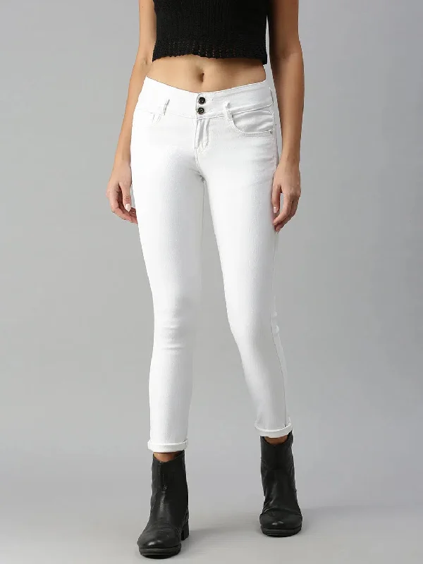 Women's White Solid Denim Skinny Jeans-CR-7782-White Comfortable Distressed Straight-Leg Jeans