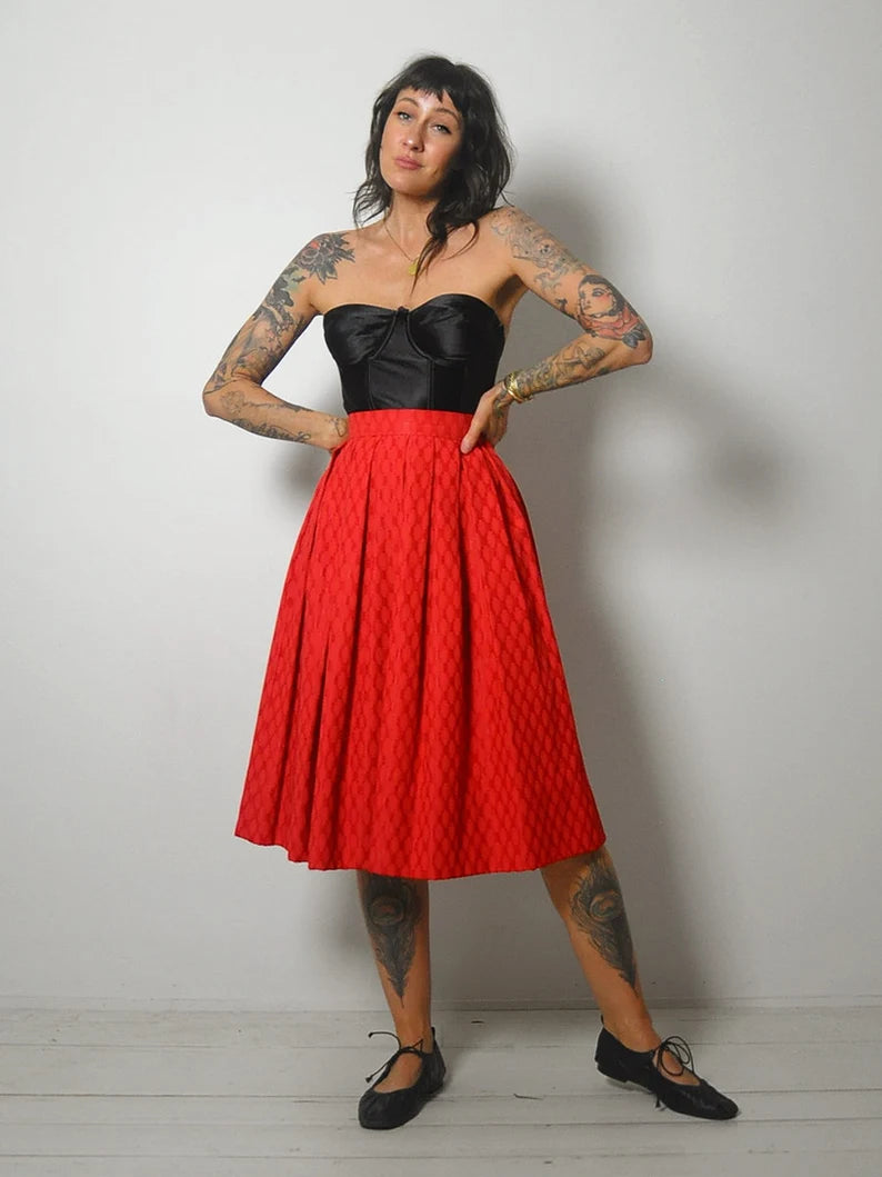 1950's Red High Waist Pleated Skirt relaxed fit skirt