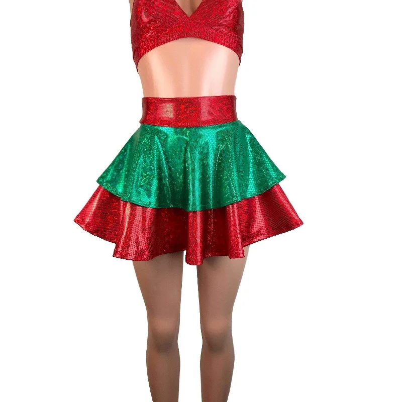 2-Layer Skater Skirt - Elf Holographic Shattered Glass Red and Green leather skirt sleek