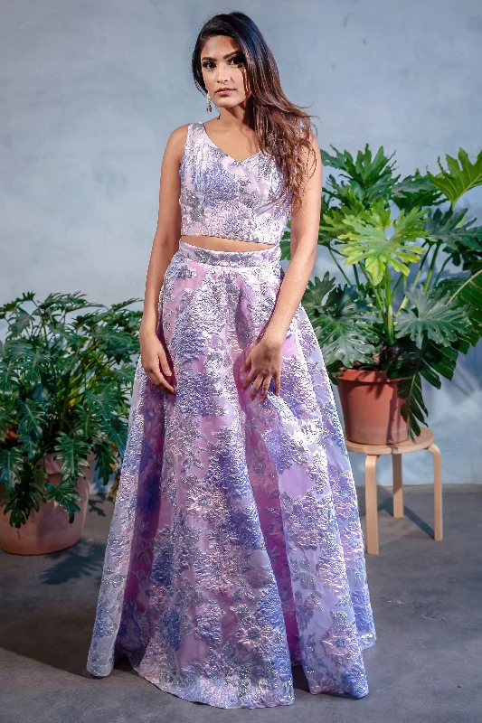 ANEELA Lavender Floral Lehenga Skirt silk skirt lustrous