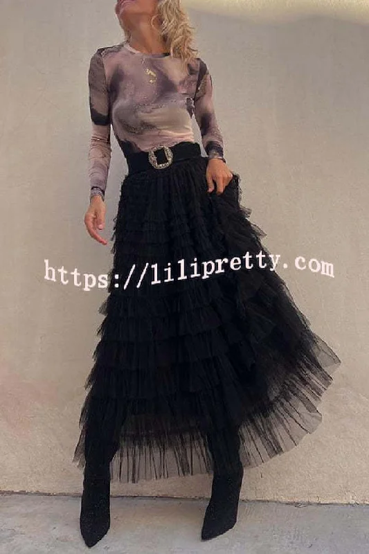 Lilipretty Be Your Own City Queen Tiered Elastic Waist Tulle Maxi Skirt high slit skirt Lilipretty Be Your Own City Queen Tiered Elastic Waist Tulle Maxi Skirt high slit skirt