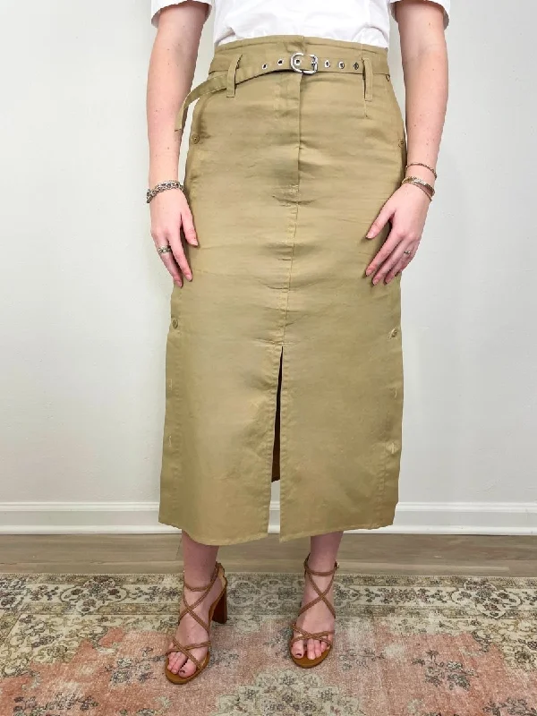 Belted Utility Skirt w/Side Button Placket in Khaki leather skirt modern