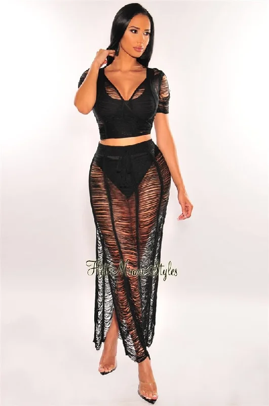 Black Crochet Knit Sheer Skirt Two Piece Set Cover Up silk skirt lustrous