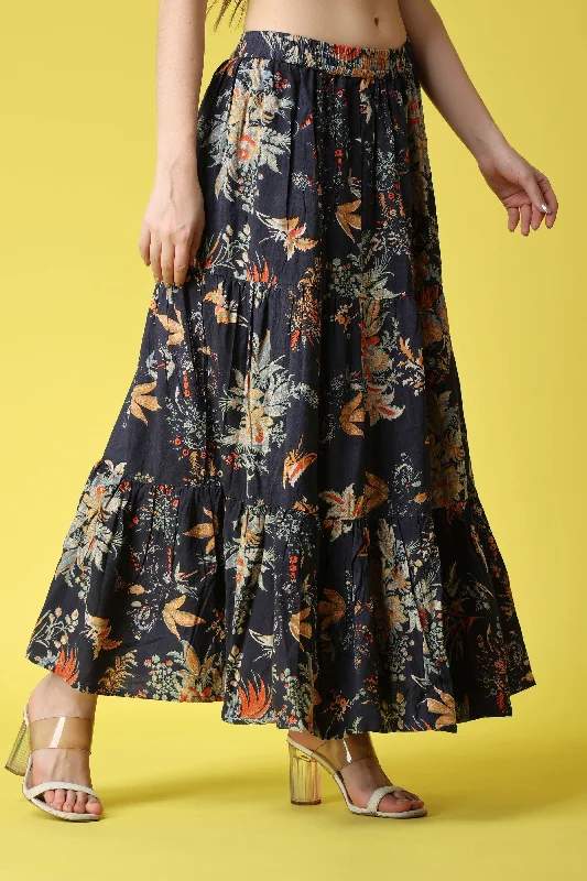 Blue Floral Printed Long Skirt tiered skirt playful