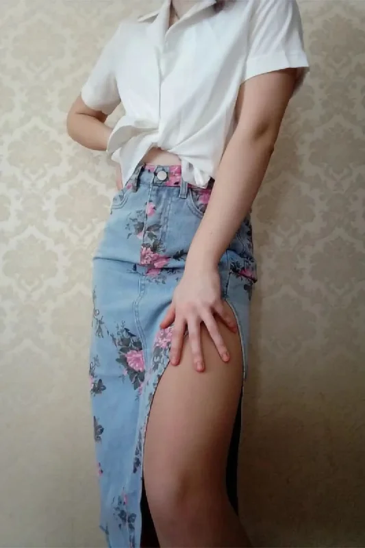 Blue High Waisted Floral Print Split Jean Midi Skirt athletic skirt fit