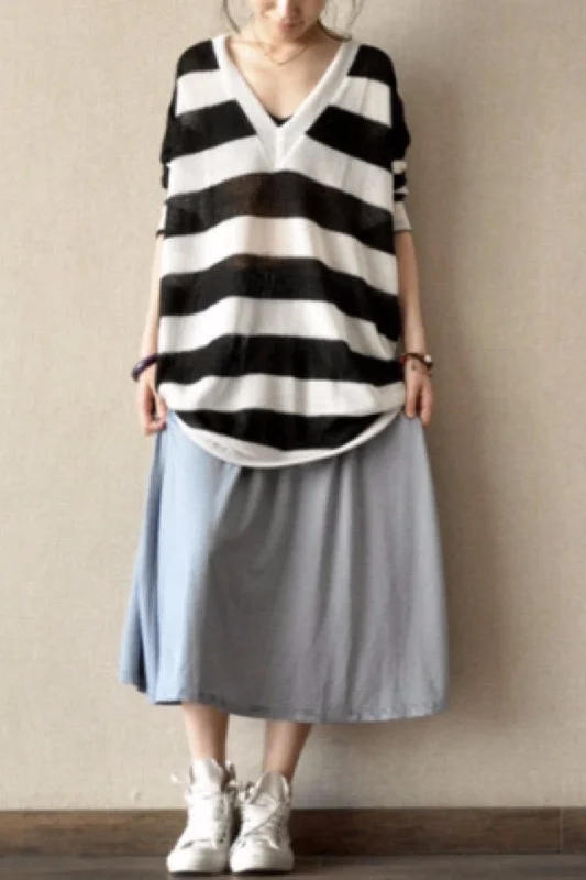 Blue Pinstripe Cotton A-Style Skirt Casual Women Clothes L0029 leather skirt sleek