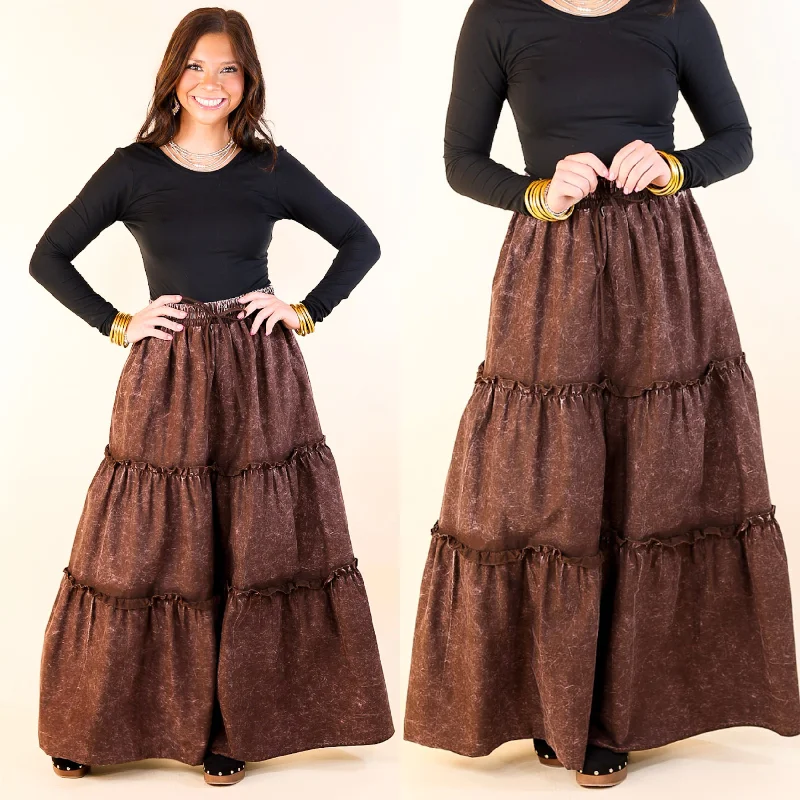 Boho Bliss Acid Wash Tiered Ruffle Maxi Skirt in Dark Brown denim skirt fashionable