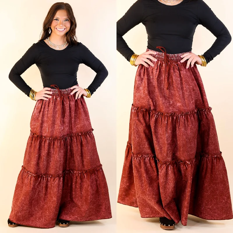 Boho Bliss Acid Wash Tiered Ruffle Maxi Skirt in Dark Rusted Red leather skirt refined