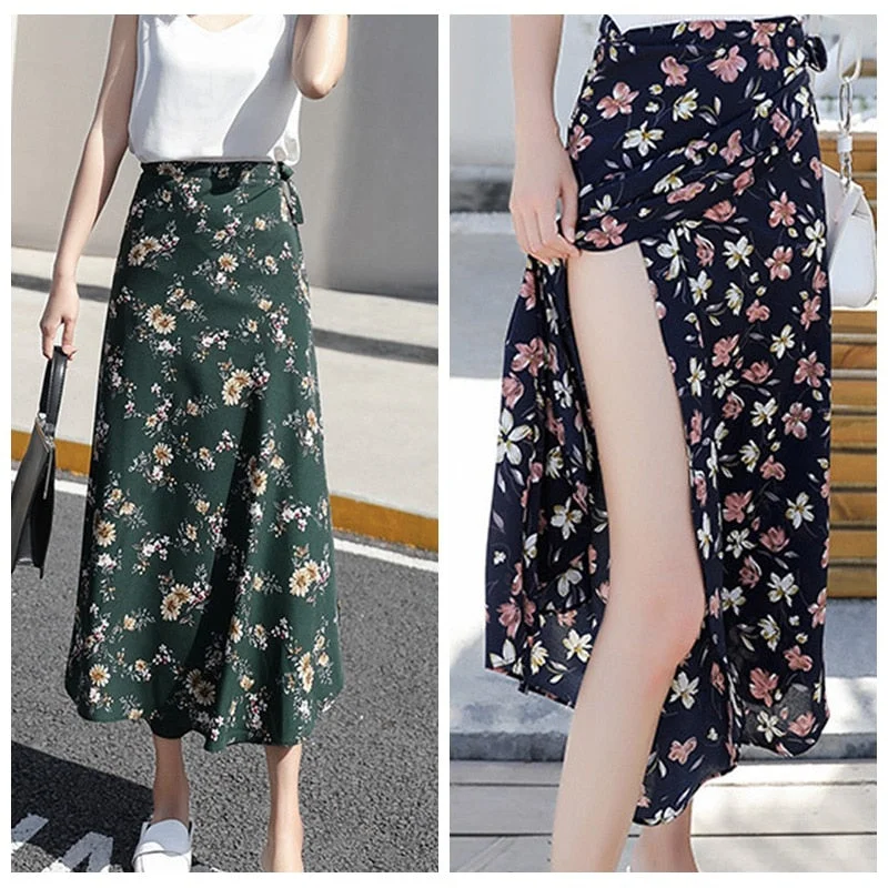 Boho Flower Long Skirt Summer Beach Sunny Ladies Casual Skirts Floral Chiffon Skirt leather skirt refined