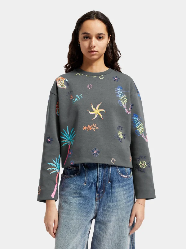 Boxy-fit embroidered sweatshirt Hoodie Jacket Zipper Layering