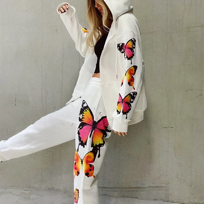 Butterfly Print Hooded Casual Sweatshirt Set For Women CD604 Hoodie with Button Classic Timeless Butterfly Print Hooded Casual Sweatshirt Set For Women CD604 Hoodie with Button Classic Timeless