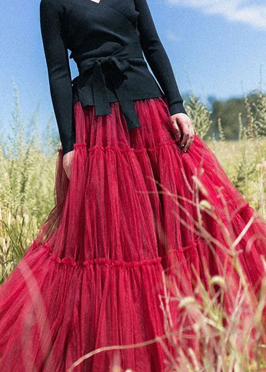 Classy Red Cinched tulle pleated skirt Spring corduroy skirt durable