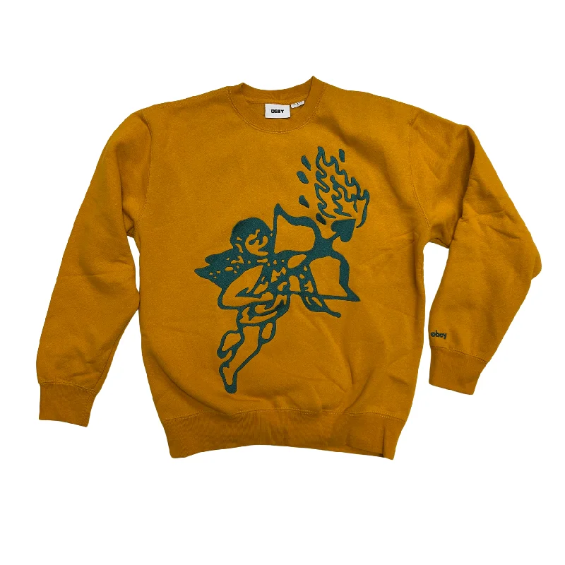 Cupid Crew Sweatshirt - Satin Brass Hoodie with Hem Frayed Vintage Worn