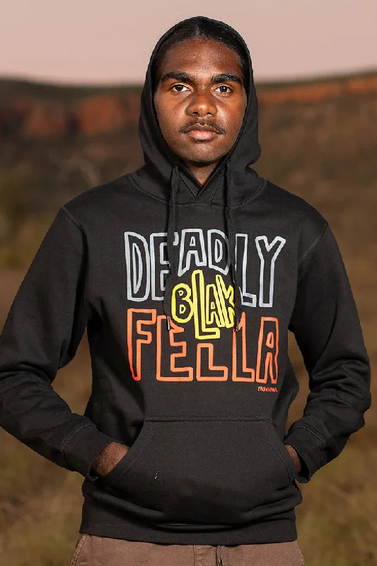 Deadly Blak-Fella Black Premium Cotton Blend Unisex Hoodie Hoodie with Raw Hem Edgy Unfinished