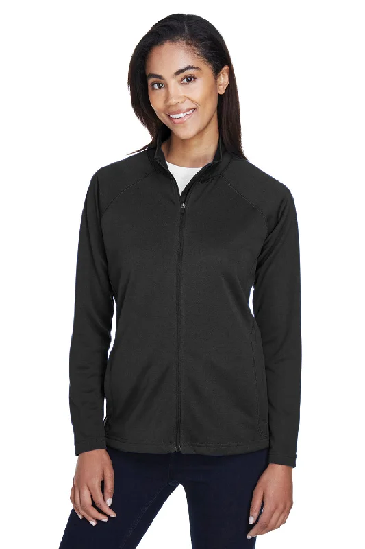 Devon & Jones Womens Compass Stretch Tech Moisture Wicking Full Zip Sweatshirt w/ Pockets - Black Hoodie with Side Slits Relaxed Casual