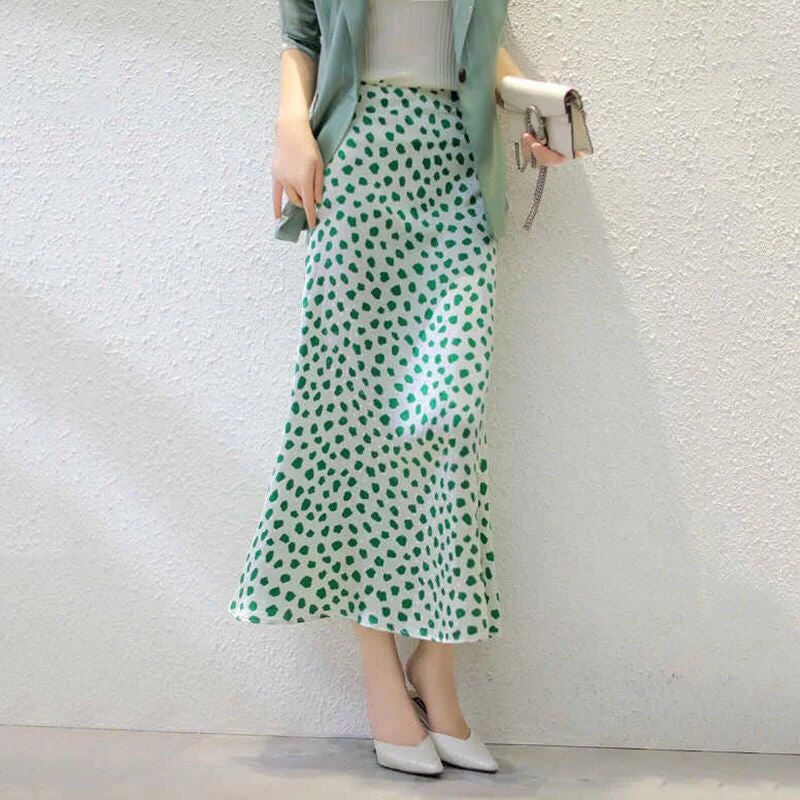 Dot Satin Elegant Summer Midi Length Skirt denim skirt fashionable