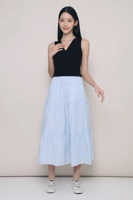 Eloise Tiered Maxi Skirt Powder Blue belted skirt waist