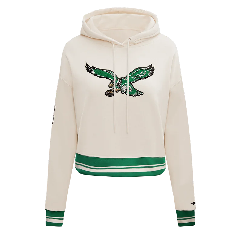 NFL PHILADELPHIA EAGLES RETRO CLASSIC WOMEN'S CROPPED PO HOODIE (EGGSHELL/KELLY GREEN) Hoodie with Hem Contrast Bold Stylish