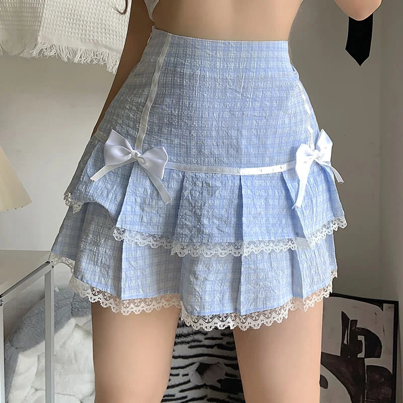 Fresh blue bow lace plaid skirt BY4097 tulle skirt dreamy