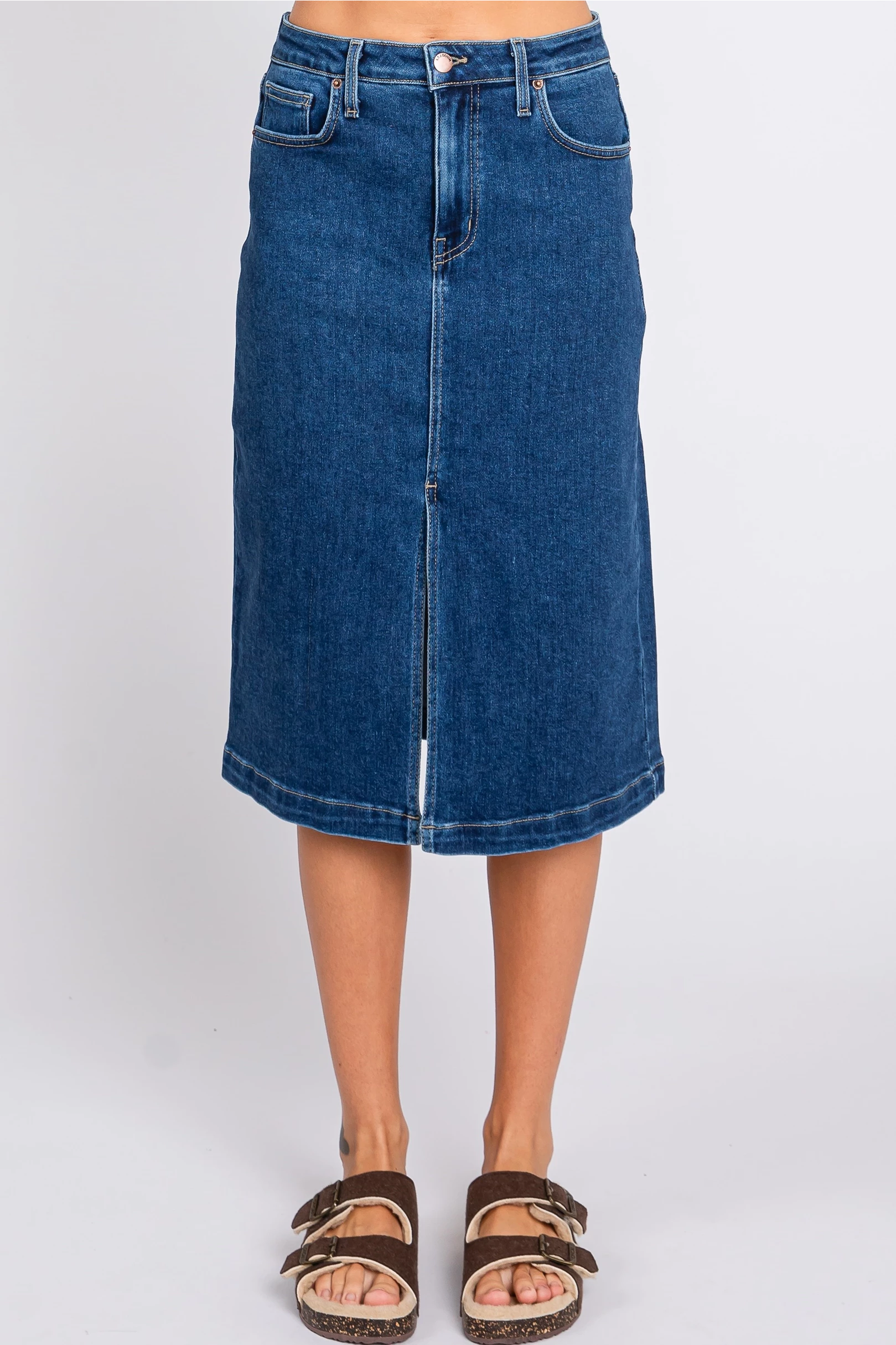Front Slit Midi Skirt by Letter to Juliet in Dark denim skirt stylish