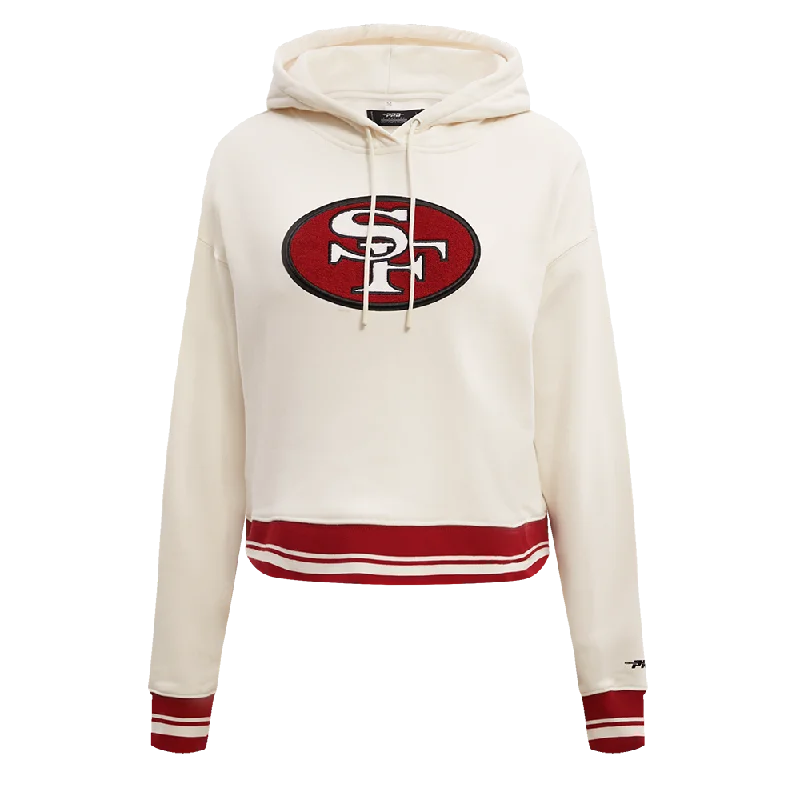 NFL SAN FRANCISCO 49ERS RETRO CLASSIC WOMEN'S CROPPED PO HOODIE (EGGSHELL/ RED) Hoodie with Mock Neck Collared Structured