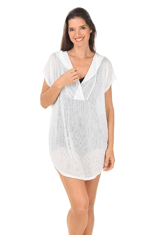 Gofret Mesh Short Sleeve Hoodie Cover-Up Hoodie with Bell Sleeves Flared Feminine